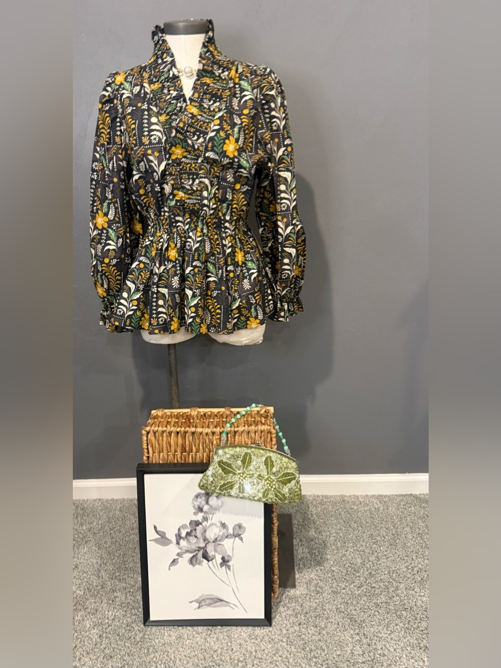 Umgee Black Floral Peplum Blouse with Yellow & Green Accents